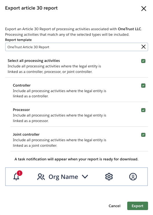 Exporting Article 30 Reports from Legal Entities | MyOneTrust